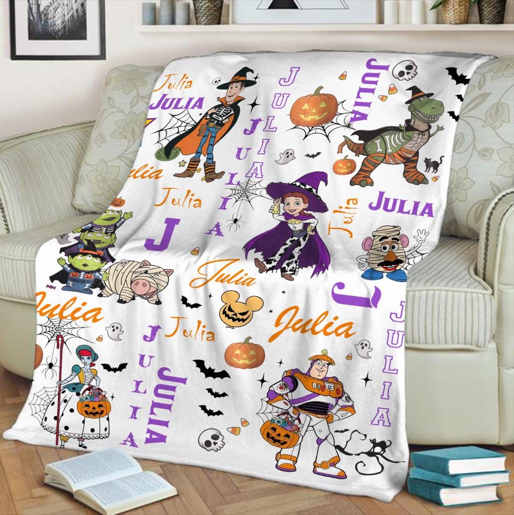 Personalized Halloween Toy Story Blanket, Custom Name Spooky Buzz Woody Blanket, Cute Halloween Gift for Kids Toddler, Fleece Cowboy Throw