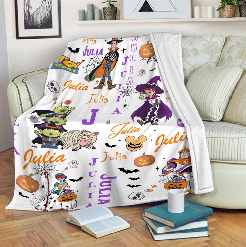 Personalized Halloween Toy Story Blanket, Custom Name Spooky Buzz Woody Blanket, Cute Halloween Gift for Kids Toddler, Fleece Cowboy Throw
