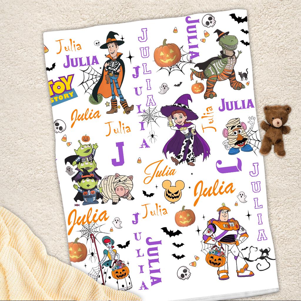 Personalized Halloween Toy Story Blanket, Custom Name Spooky Buzz Woody Blanket, Cute Halloween Gift for Kids Toddler, Fleece Cowboy Throw