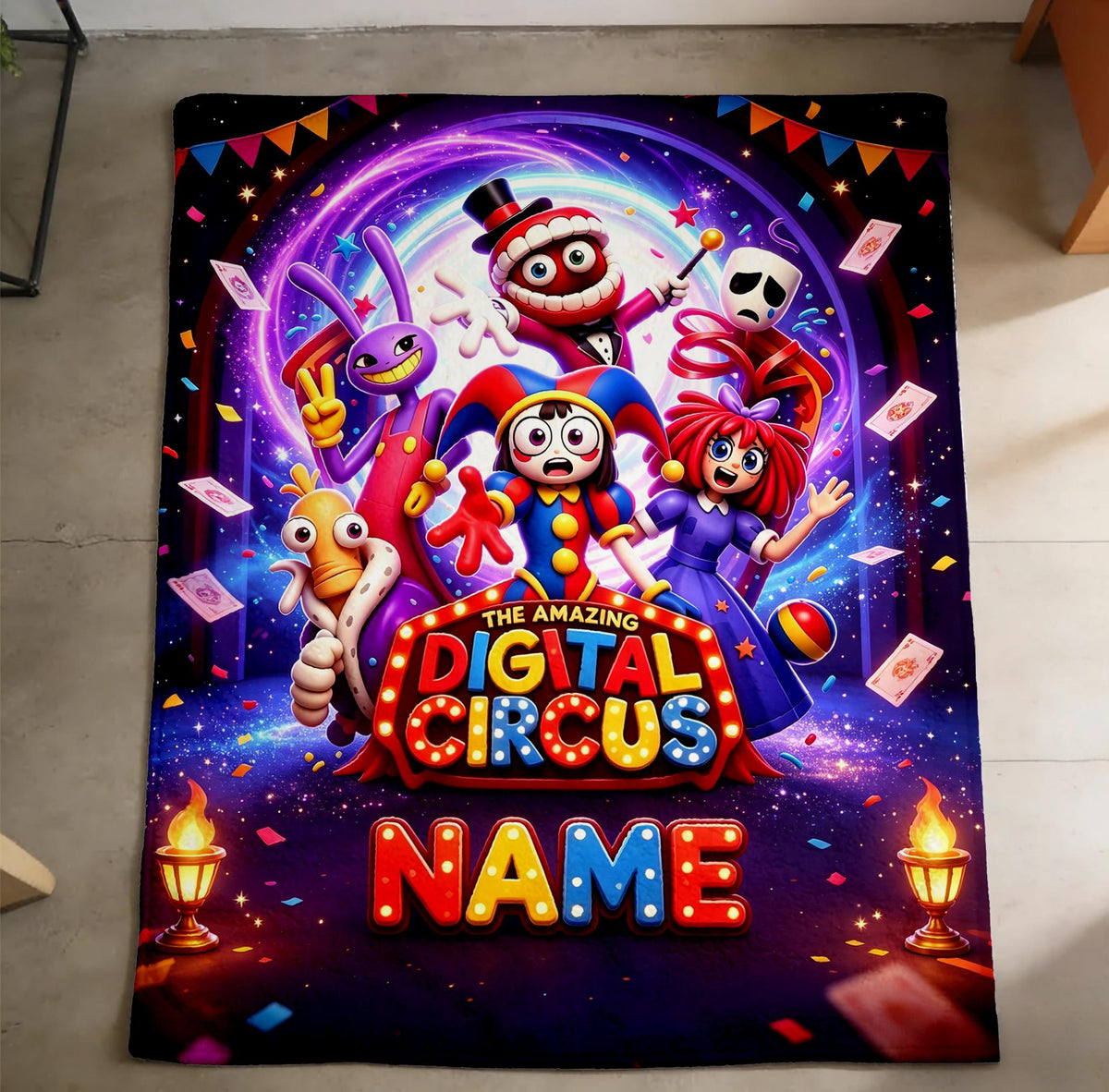 Personalized Digital Circus Throw Blanket,Custom Name Cartoon Blanket,Kids Birthday Gift