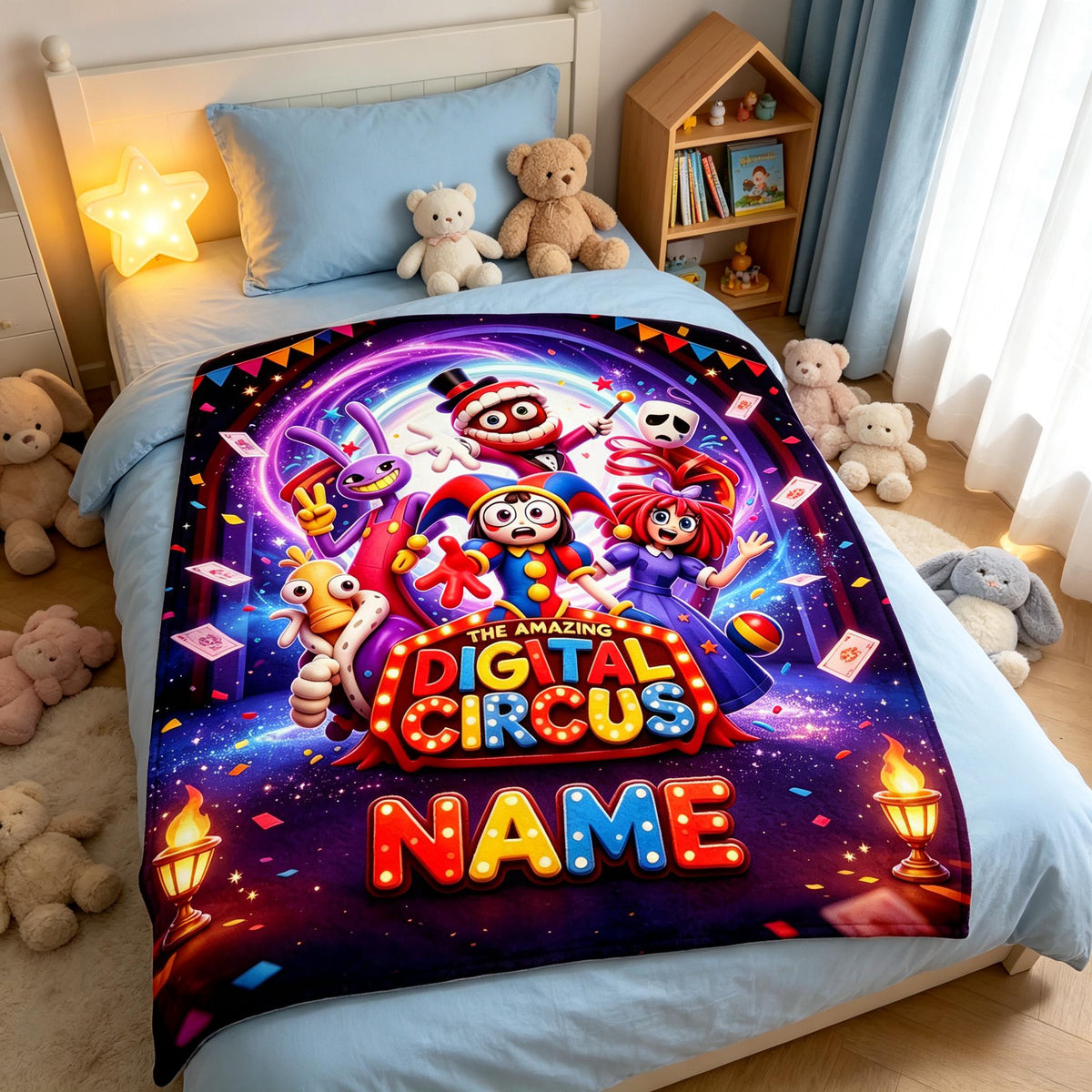 Personalized Digital Circus Throw Blanket,Custom Name Cartoon Blanket,Kids Birthday Gift