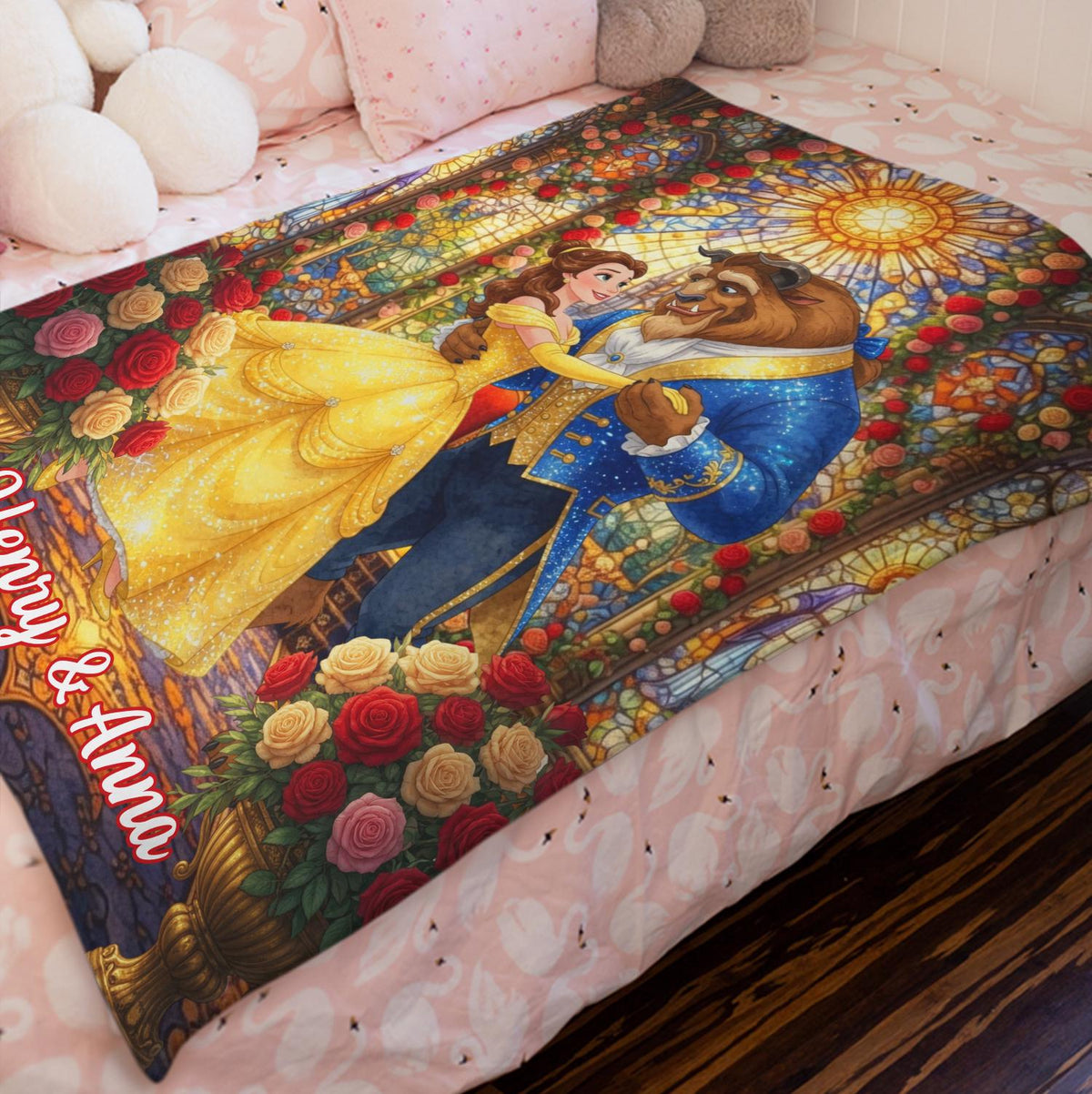 Custom Beauty and the Beast Blanket, Personalized Couple Anniversary Gift, Disney Wedding Blanket, Custom Name Belle Fleece Throw for Couple