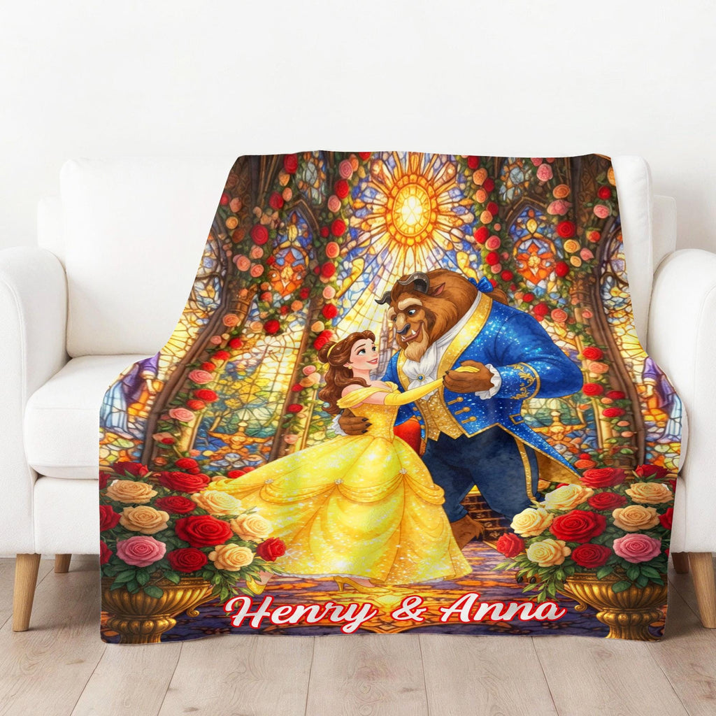 Custom Beauty and the Beast Blanket, Personalized Couple Anniversary Gift, Disney Wedding Blanket, Custom Name Belle Fleece Throw for Couple