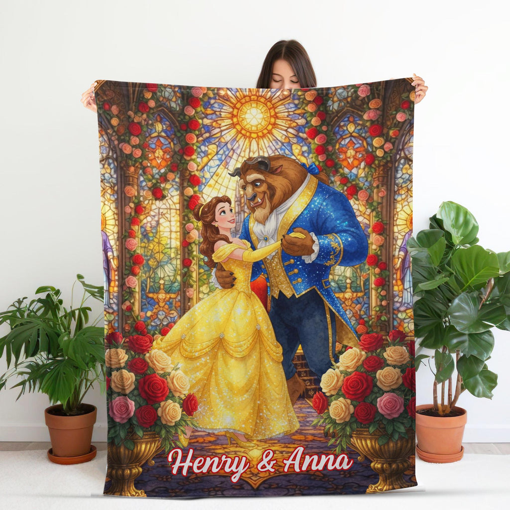 Custom Beauty and the Beast Blanket, Personalized Couple Anniversary Gift, Disney Wedding Blanket, Custom Name Belle Fleece Throw for Couple