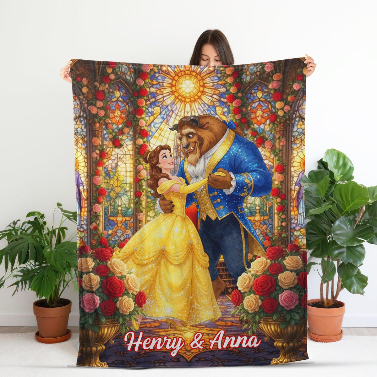 Custom Beauty and the Beast Blanket, Personalized Couple Anniversary Gift, Disney Wedding Blanket, Custom Name Belle Fleece Throw for Couple
