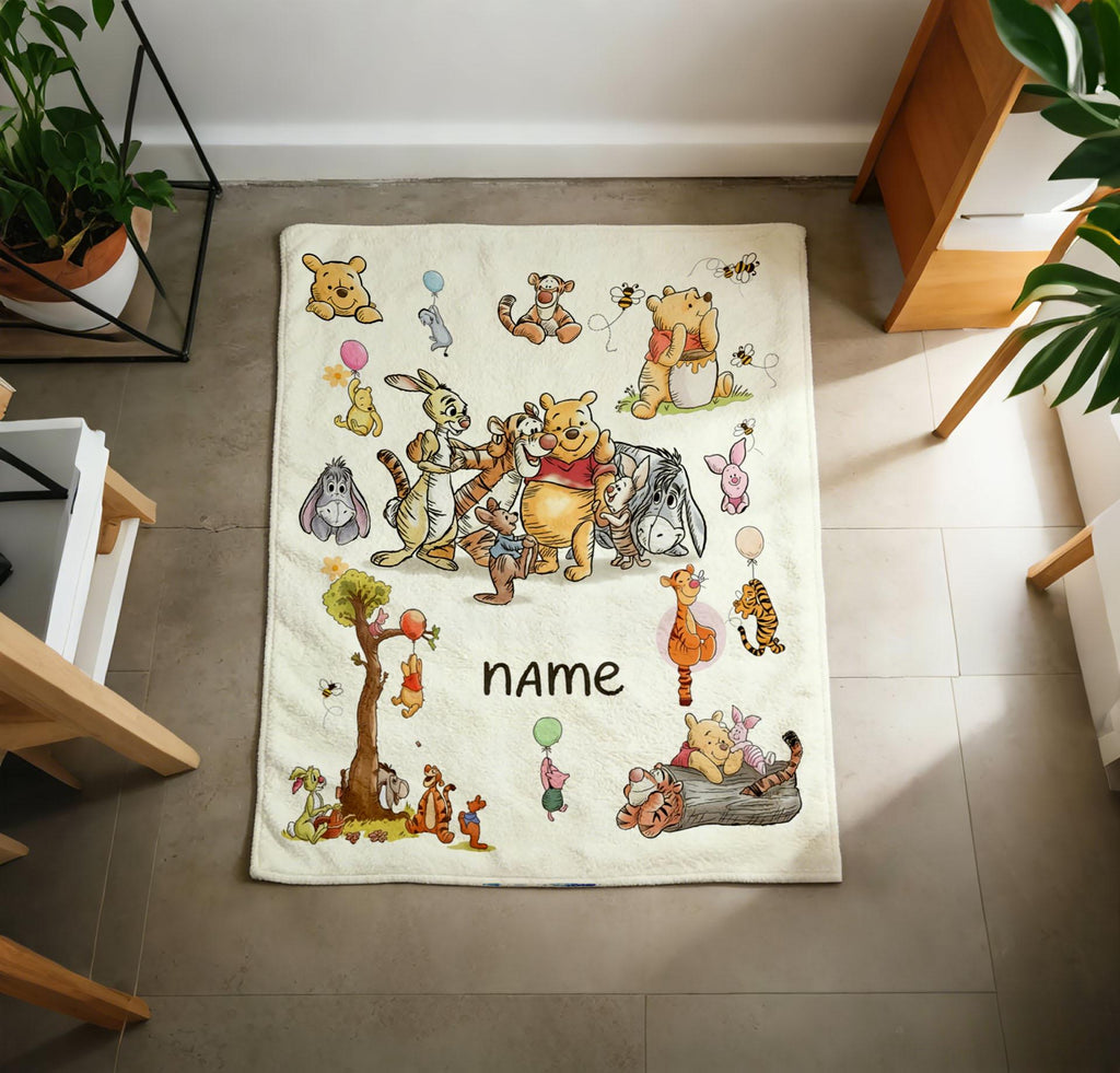 Custom Name Winnie the Pooh Blanket, Hundred Acre Wood Characters, Cozy Flannel Fleece Throw