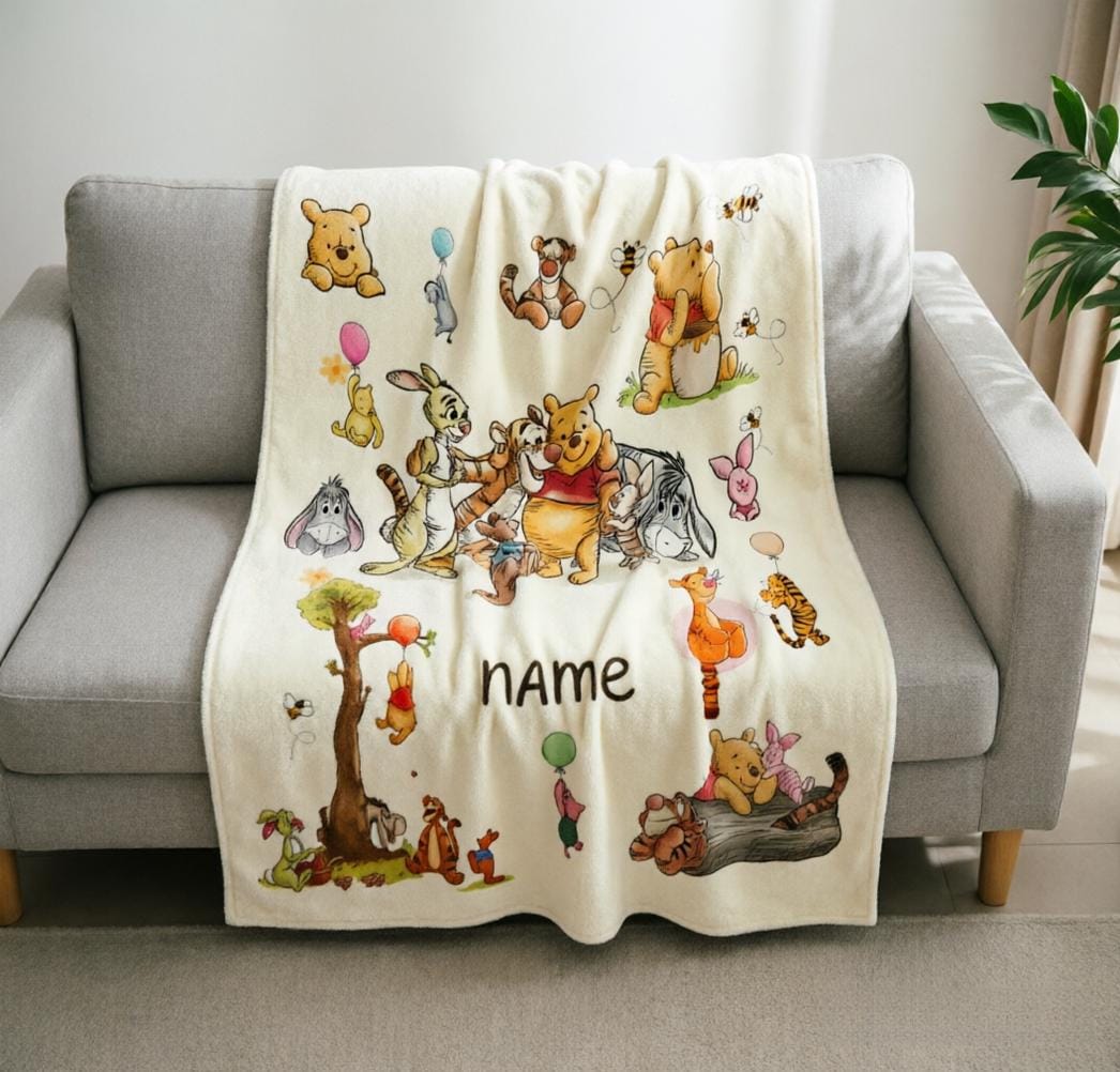 Custom Name Winnie the Pooh Blanket, Hundred Acre Wood Characters, Cozy Flannel Fleece Throw