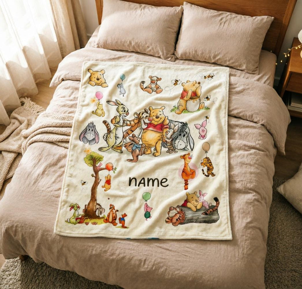 Custom Name Winnie the Pooh Blanket, Hundred Acre Wood Characters, Cozy Flannel Fleece Throw