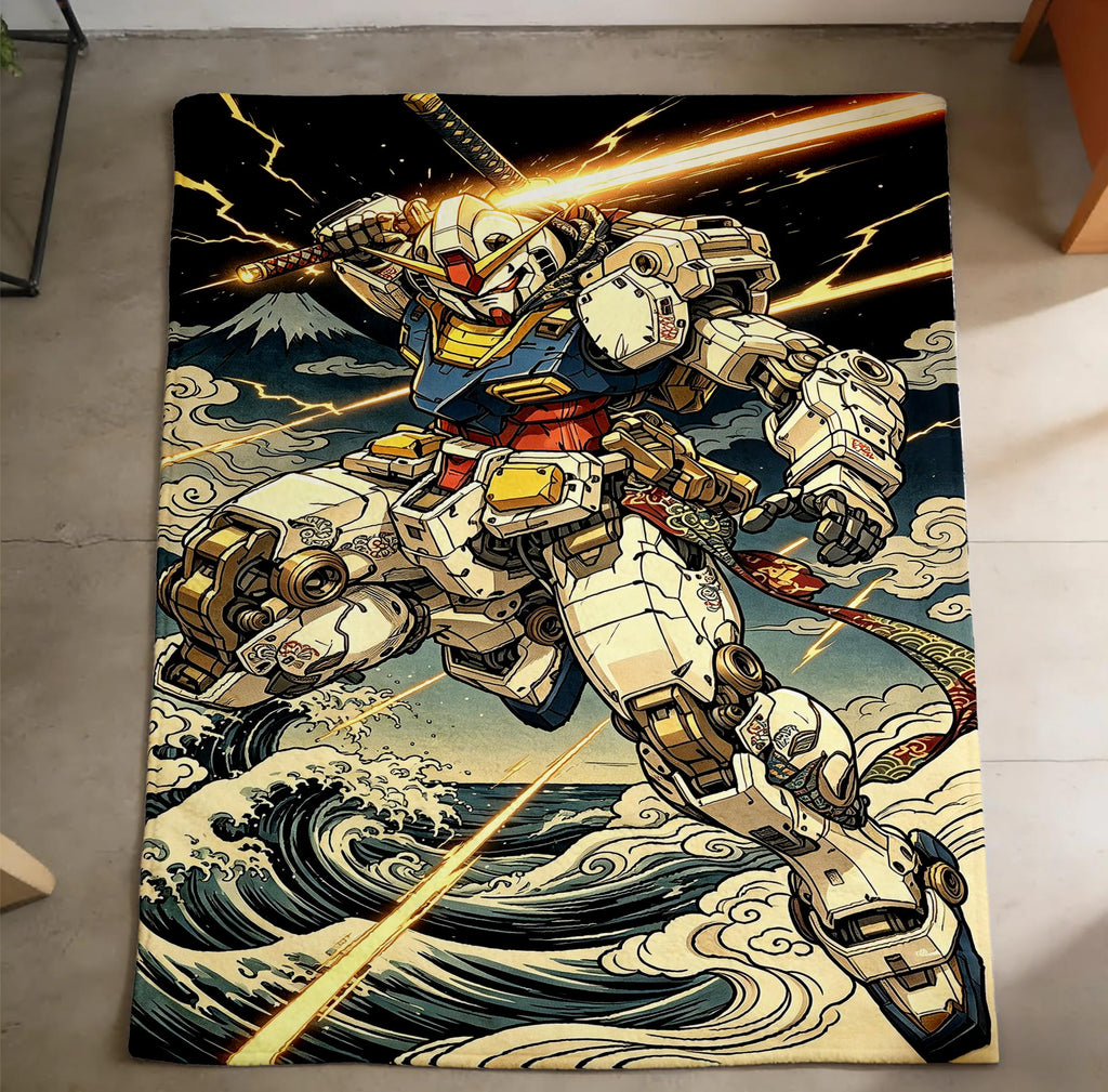Traditional Japanese Style RX-78 Gundam Throw Blanket,Retro Wave Art Fleece Throw,Male Gamer Holiday Gift