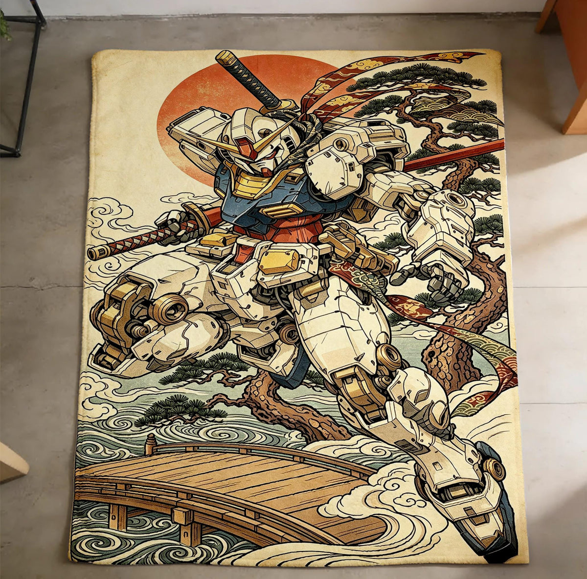 Traditional Japanese Style RX-78 Gundam Throw Blanket,Retro Wave Art Fleece Throw,Male Gamer Holiday Gift
