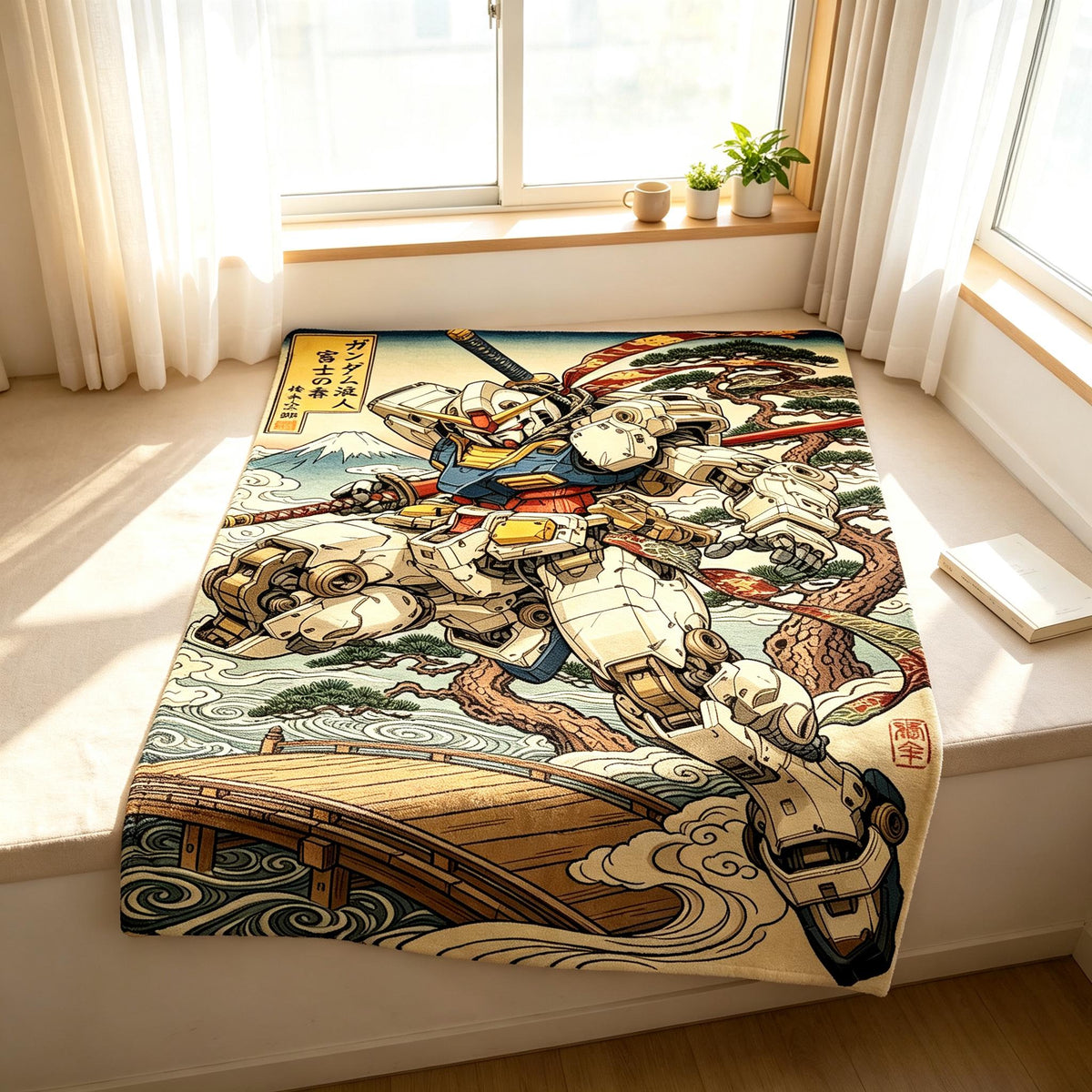 Traditional Japanese Style RX-78 Gundam Throw Blanket,Retro Wave Art Fleece Throw,Male Gamer Holiday Gift