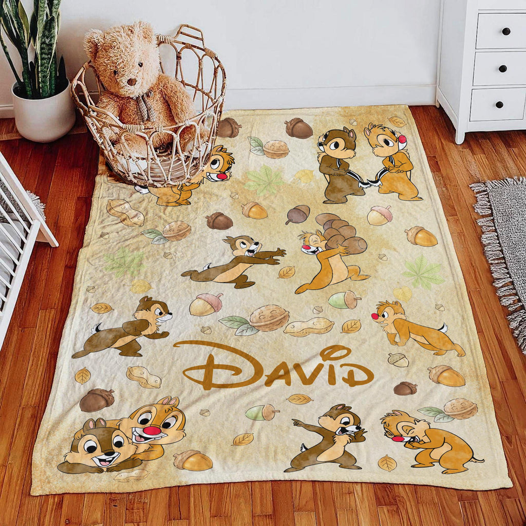 Custom Chip and Dale Blanket, Personalized Disney Birthday Blanket,Cute Chipmunk Throw Blanket, Vintage Disney Gift for Kids Toddler Nursery