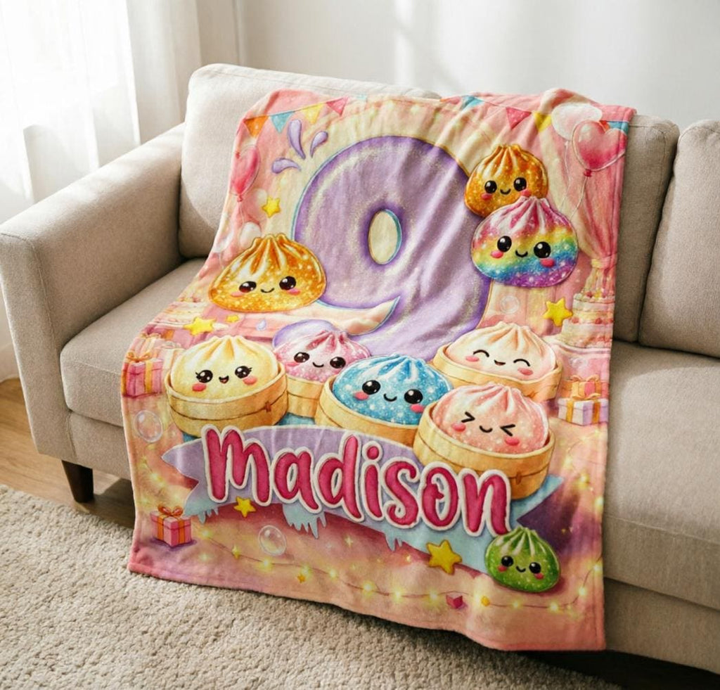 Personalized Kawaii Dumpling Fleece Blanket, Custom Name Age Birthday Keepsake