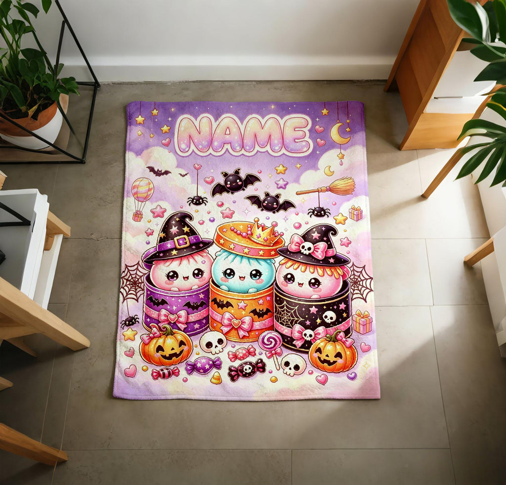 Personalized Pastel Halloween Ghost Blanket, Custom Name Fleece Throw, Kawaii Kids Decor