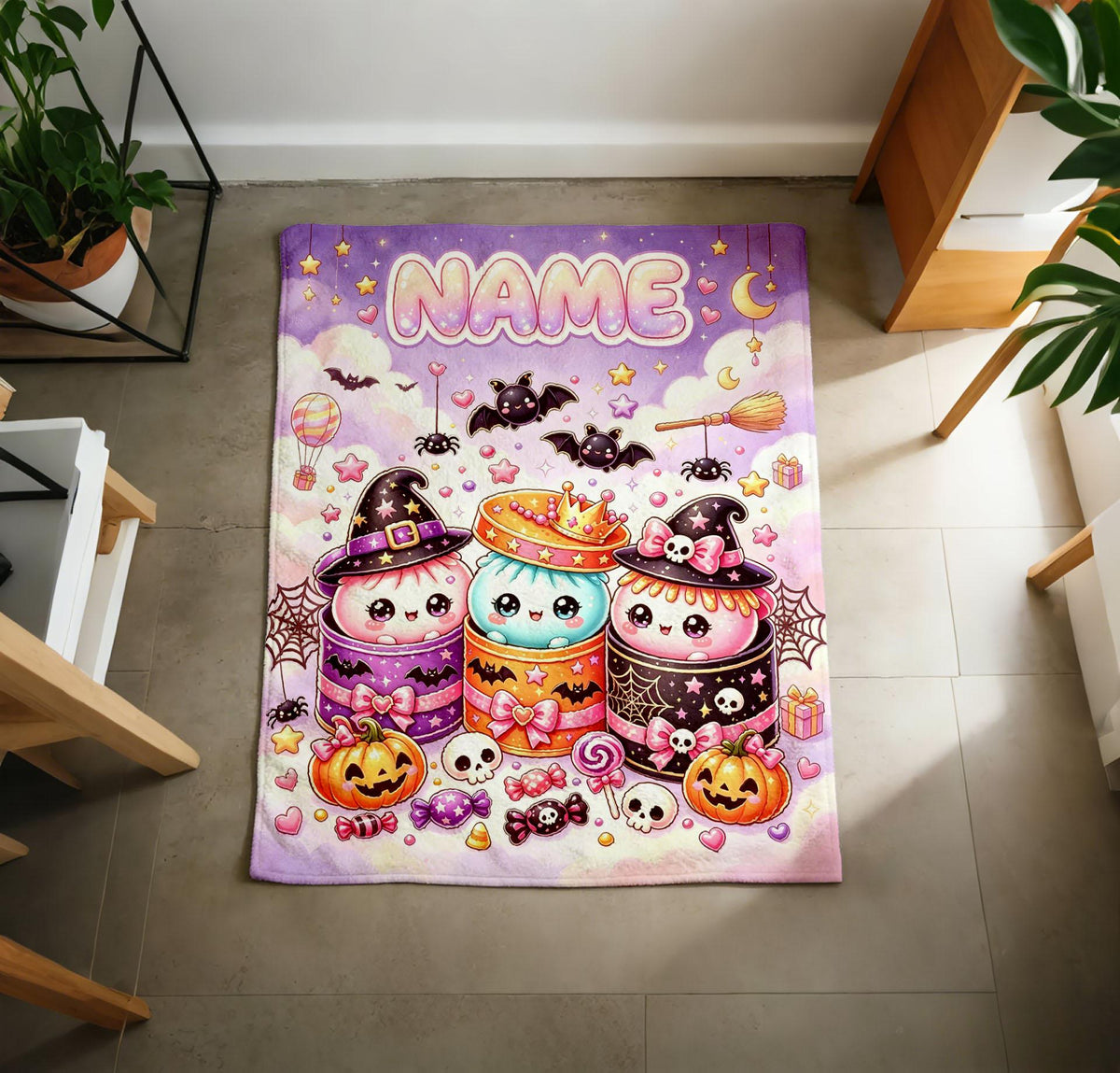 Personalized Pastel Halloween Ghost Blanket, Custom Name Fleece Throw, Kawaii Kids Decor