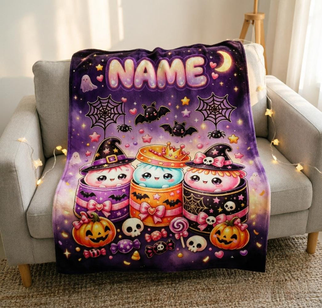 Personalized Squishy Dumpling Halloween Fleece Blanket, Custom Name Kawaii Witch Throw