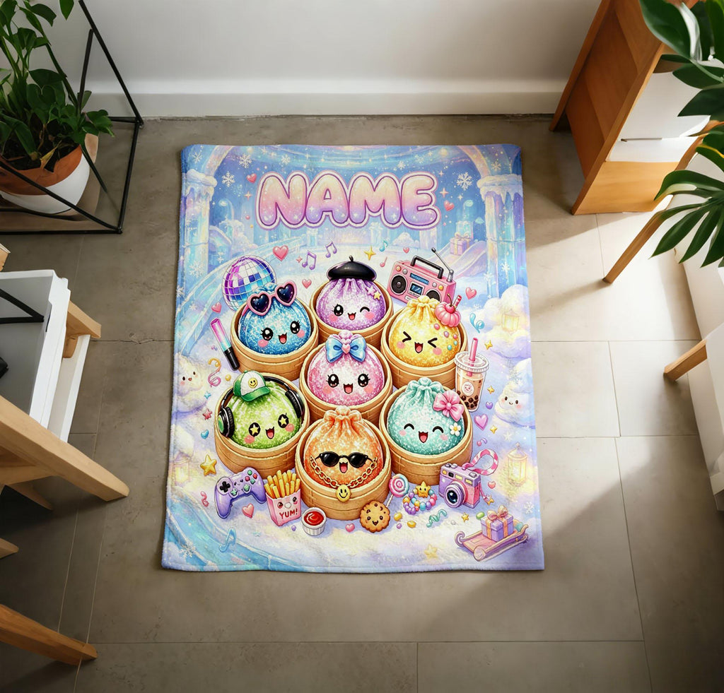 Personalized Squishy Dumpling Blanket, Kawaii Bao Fleece Throw, Custom Name Gamer Snack Blanket