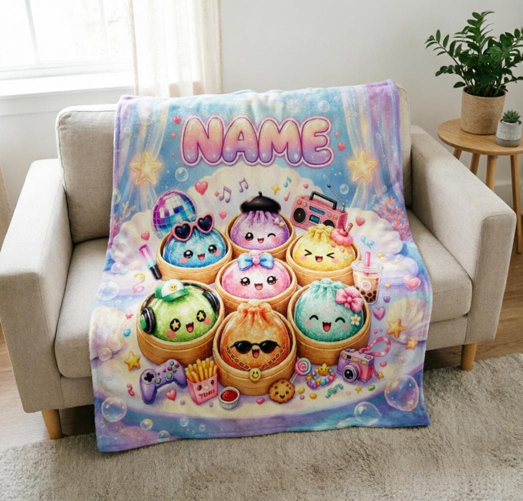 Personalized Squishy Dumpling Blanket, Kawaii Bao Fleece Throw, Custom Name Gamer Snack Blanket
