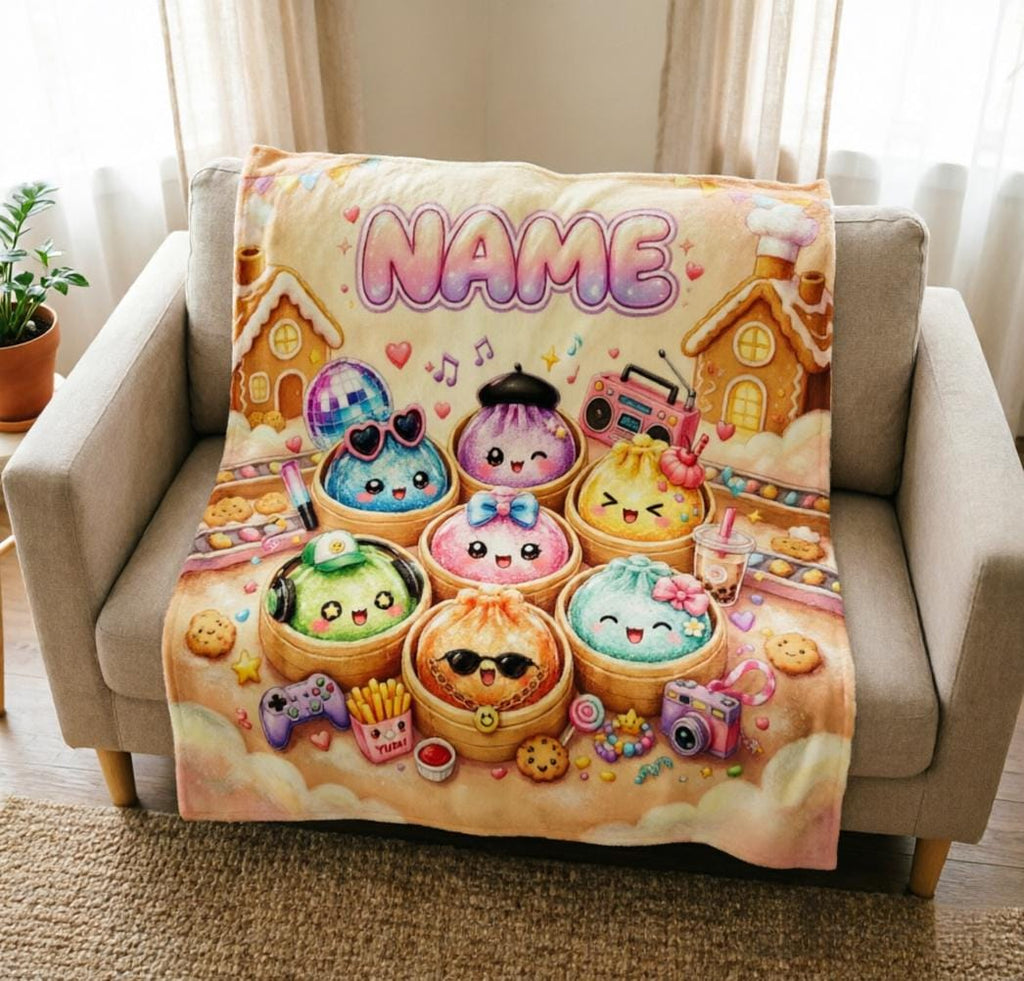 Personalized Squishy Dumpling Fleece Blanket, Custom Name Kawaii Bao Throw