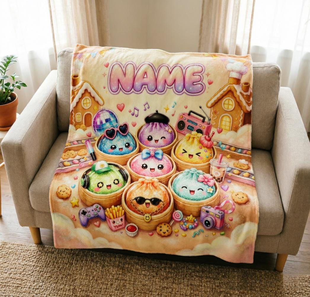 Personalized Squishy Dumpling Fleece Blanket, Custom Name Kawaii Bao Throw