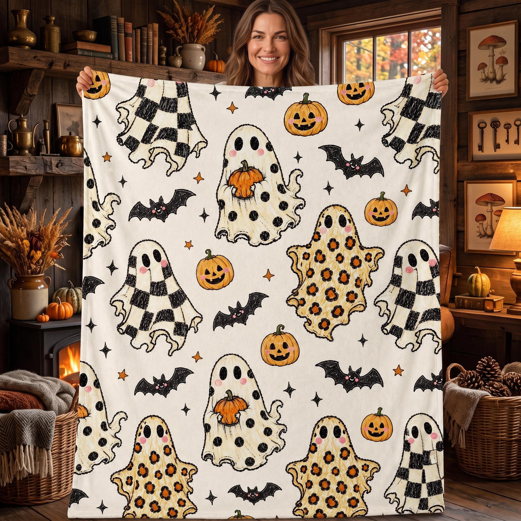 Cute Ghost Halloween Blanket, Cozy Spooky Ghost Throw Blanket, Buffalo Check Leopard Ghost Fleece Blanket, Cute Fall Halloween Gift