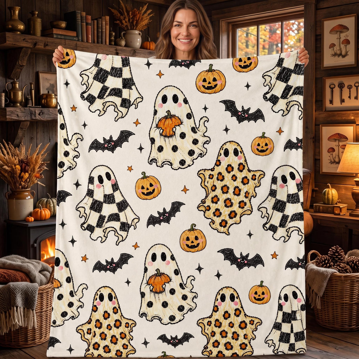 Cute Ghost Halloween Blanket, Cozy Spooky Ghost Throw Blanket, Buffalo Check Leopard Ghost Fleece Blanket, Cute Fall Halloween Gift