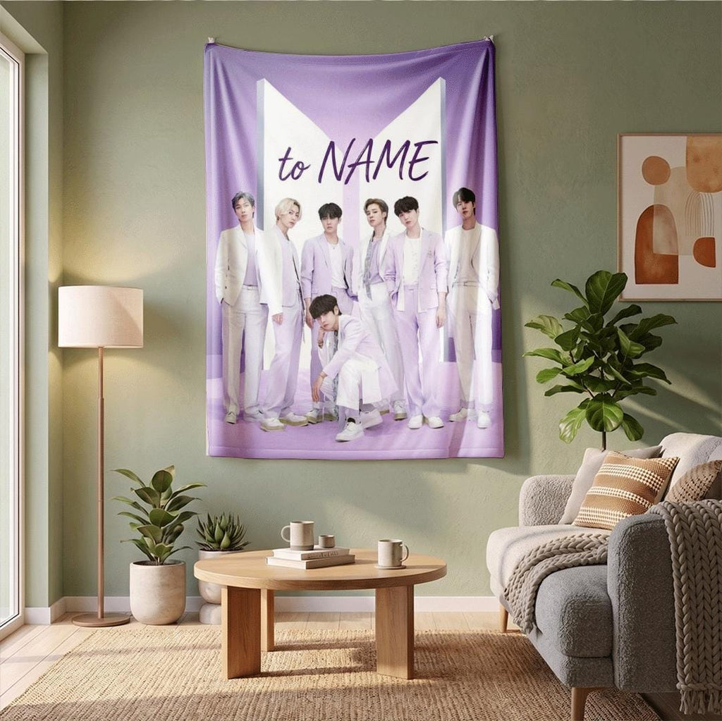 Soft Lavender BTS Custom Blanket Kpop Idol Poster Throw Pastel Purple Korean Boy Band Bedding Elegant Army Fan Room Decor