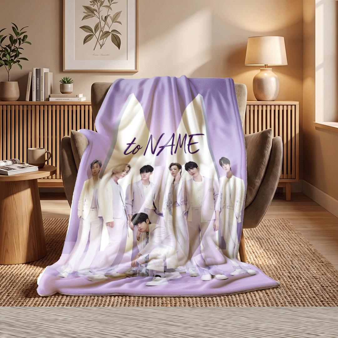 Soft Lavender BTS Custom Blanket Kpop Idol Poster Throw Pastel Purple Korean Boy Band Bedding Elegant Army Fan Room Decor