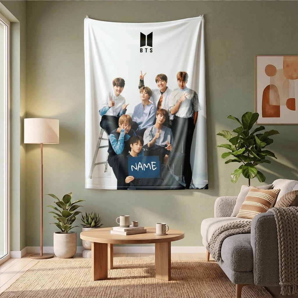 Fresh Studio Portrait BTS Group Custom Name Blanket Clean Aesthetic Room Decor Cheerful Korean Boy Band Bedding Cute Army Fan Gift