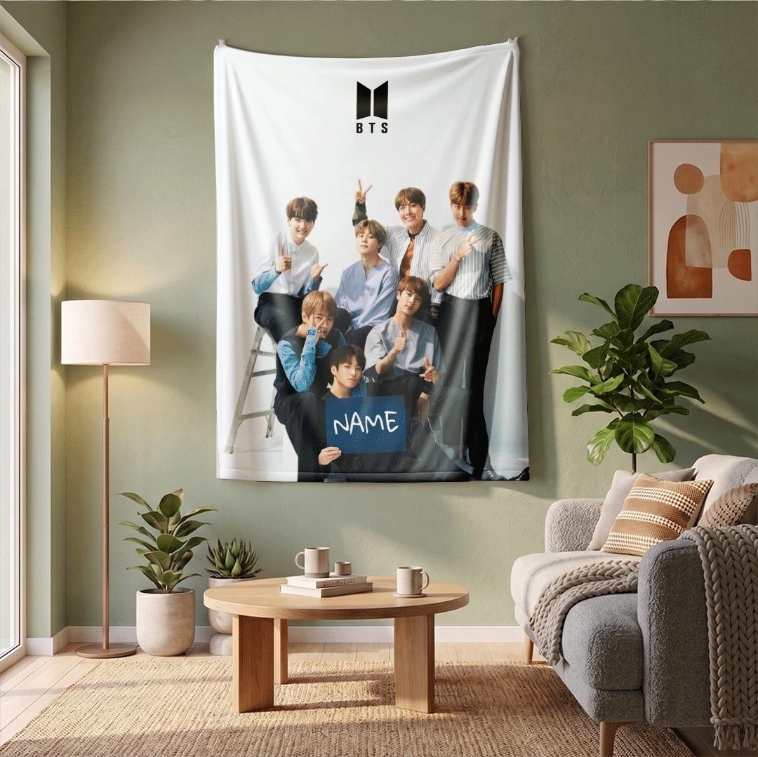 Fresh Studio Portrait BTS Group Custom Name Blanket Clean Aesthetic Room Decor Cheerful Korean Boy Band Bedding Cute Army Fan Gift