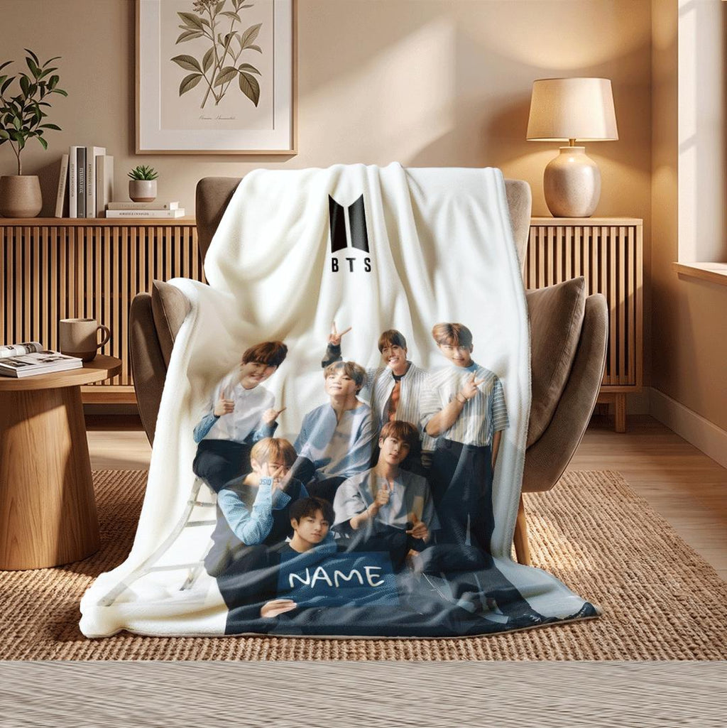 Fresh Studio Portrait BTS Group Custom Name Blanket Clean Aesthetic Room Decor Cheerful Korean Boy Band Bedding Cute Army Fan Gift