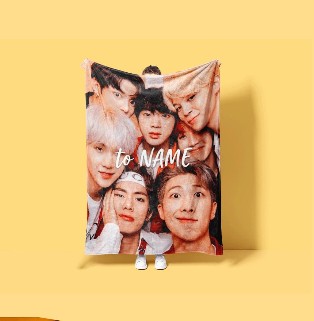 Joyful Group Selfie BTS Personalized Blanket Cute Close Up Kpop Idol Throw Warm Friendship Bedding Cheerful Army Fan Room Decor