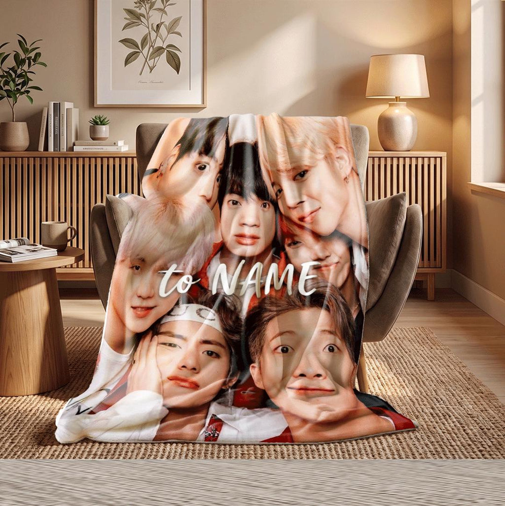 Joyful Group Selfie BTS Personalized Blanket Cute Close Up Kpop Idol Throw Warm Friendship Bedding Cheerful Army Fan Room Decor