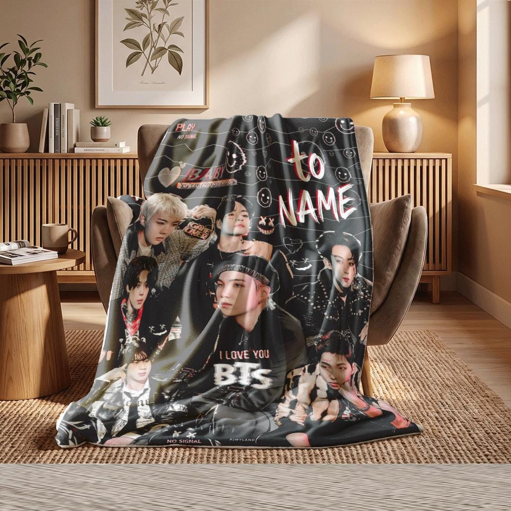 Edgy Grunge Aesthetic BTS Custom Name Blanket Play No Signal Throw Dark Kpop Idol Bedding Trendy Korean Band Army Fan Room Decor