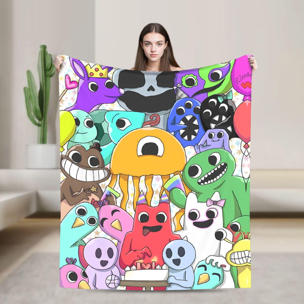 Colorful Monster Flannel Blanket, Spooky Cute Gaming Throw, Soft Cartoon Creature Blanket, Cozy Bedroom Gift for Kids and Teens