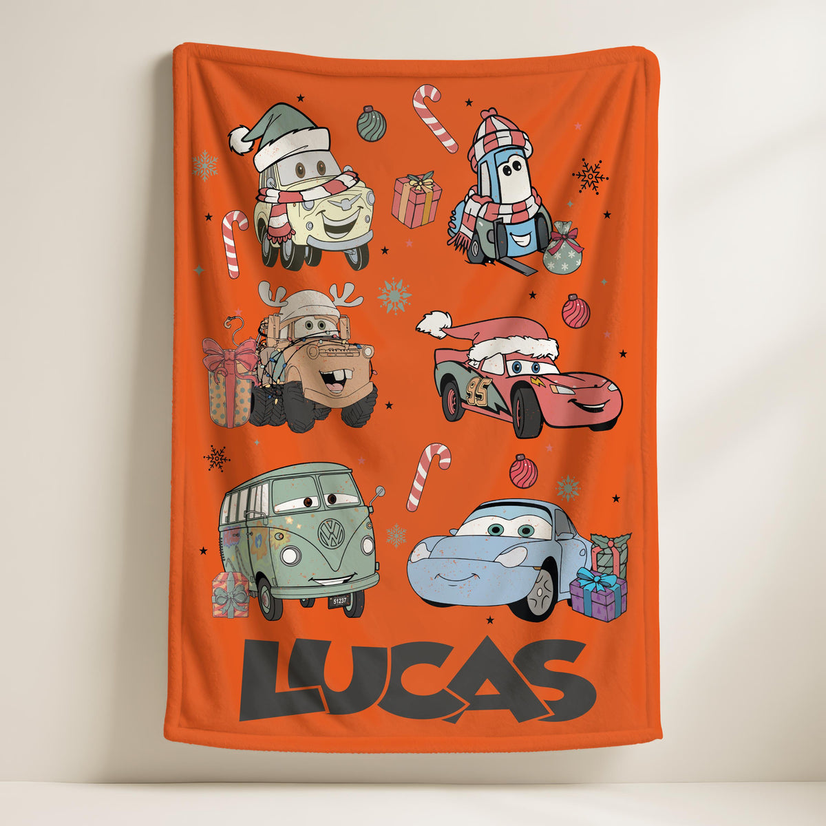 Custom Disney Pixar Cars Christmas Woven Blanket, Personalized Disney Cars Characters Blanket, Lightning McQueen Tow Mater Blanket Gift
