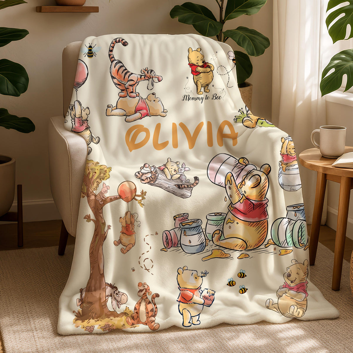 Personalized Winnie the Pooh Fleece Blanket ,Custom Name Disney Throw for Kids, Customized Kids Name Blanket, Custom Pooh & Friends Blanket