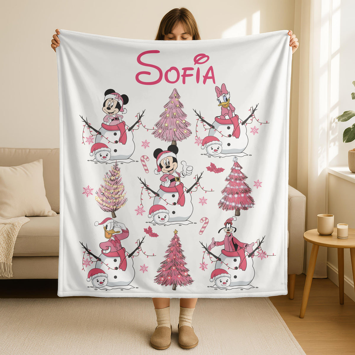 Disney Snowman Mickey and Friend's Blanket, Personalized Mickey Mouse Christmas Woven Blanket, Disney Home Decor, Customizable Baby Blanket