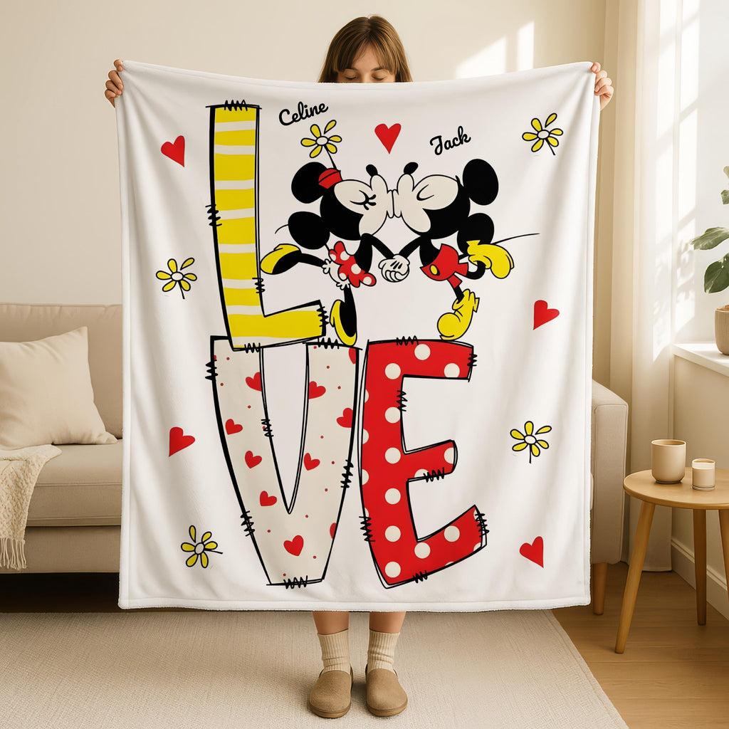 Personalized Mickey Minnie Love Blanket, Custom Disney Blanket with Name, Disney Valentines Day Gifts, Girlfriend Birthday Gift, Wife Gifts
