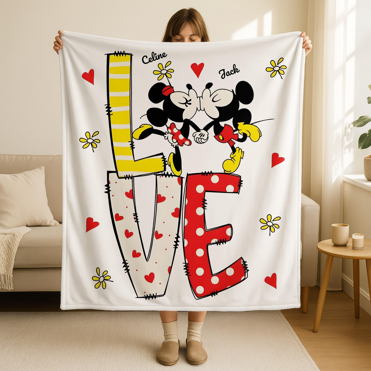 Personalized Mickey Minnie Love Blanket, Custom Disney Blanket with Name, Disney Valentines Day Gifts, Girlfriend Birthday Gift, Wife Gifts