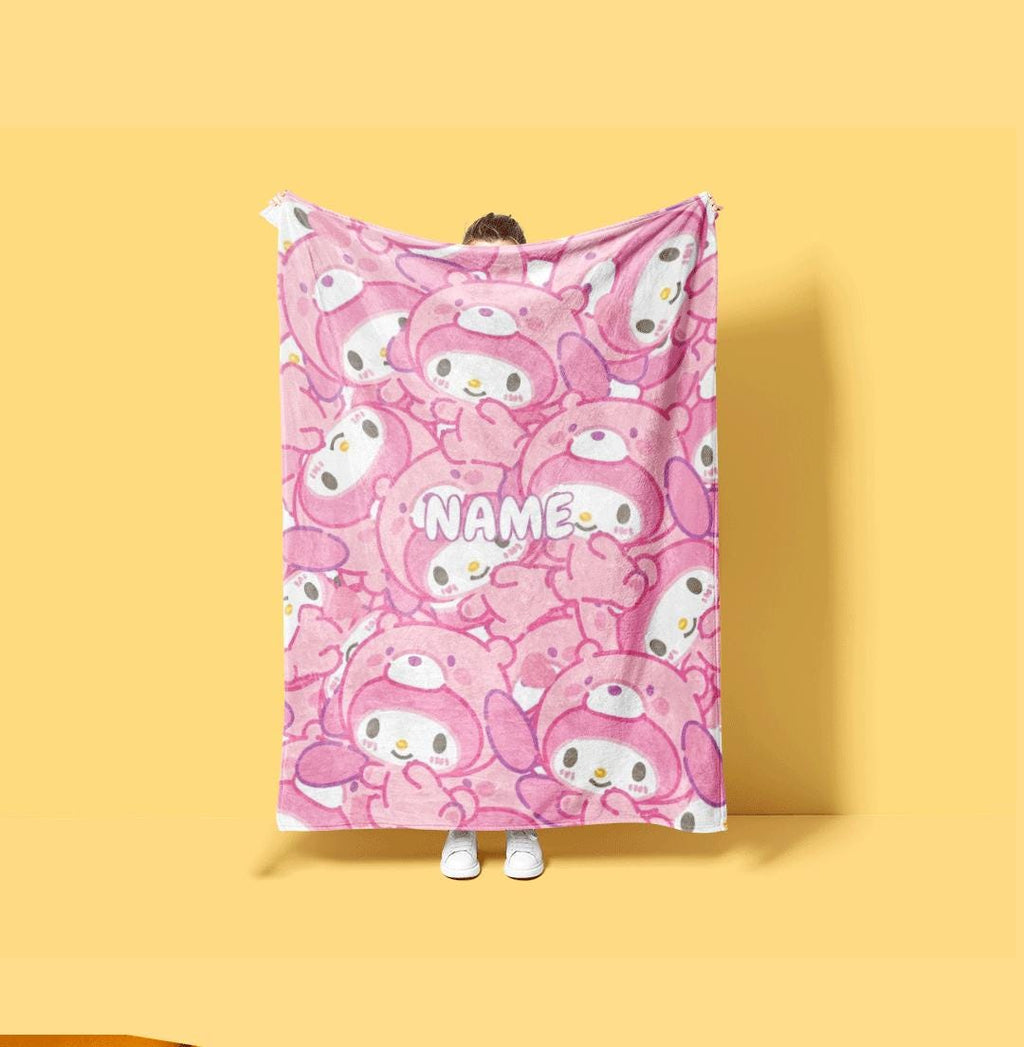 Personalized My Melody Floral Fleece Blanket Custom Name Throw Sweet Kawaii Anime Bedding Dreamy Garden Decor Birthday Gift for Girls