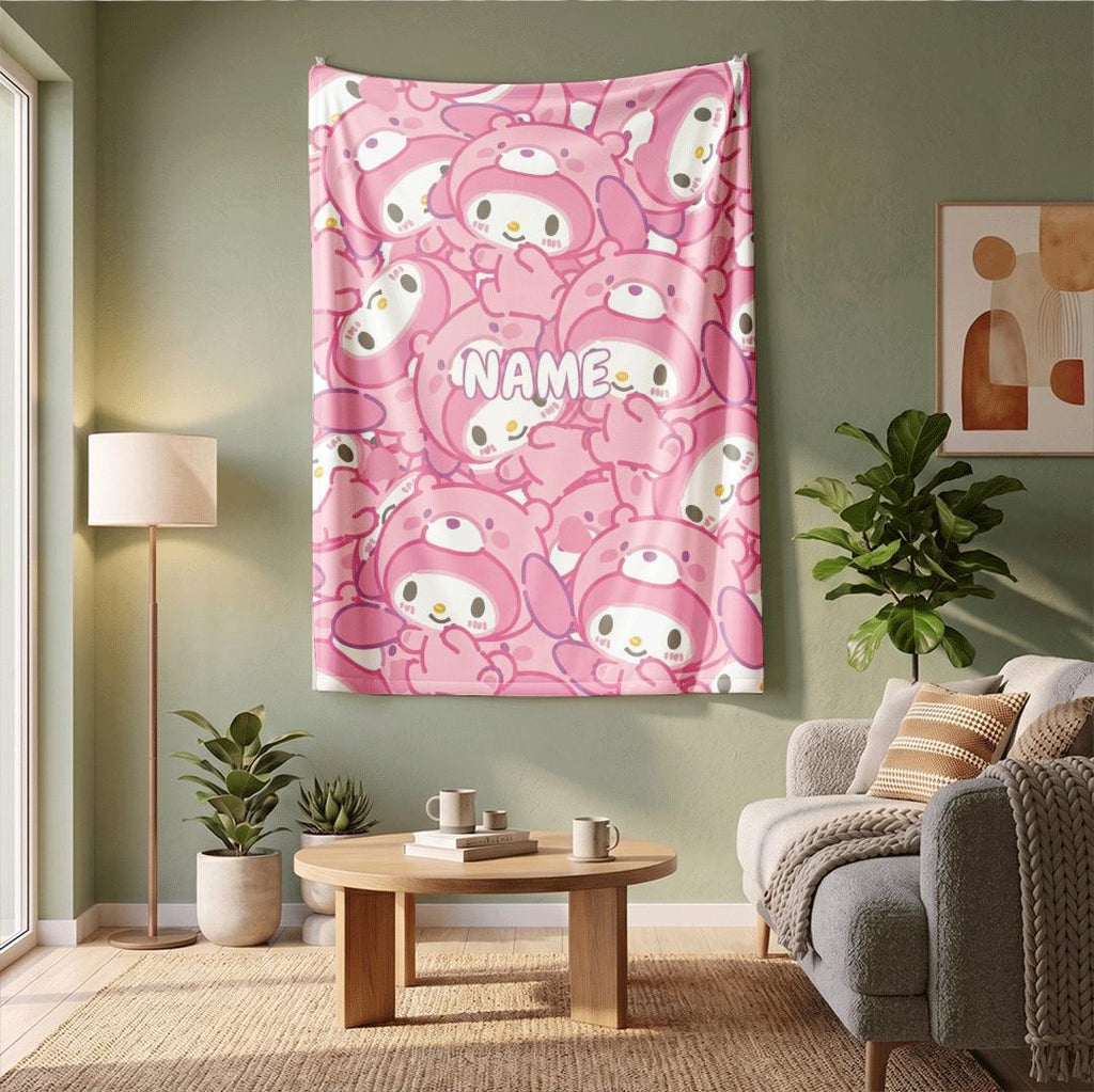 Personalized My Melody Floral Fleece Blanket Custom Name Throw Sweet Kawaii Anime Bedding Dreamy Garden Decor Birthday Gift for Girls