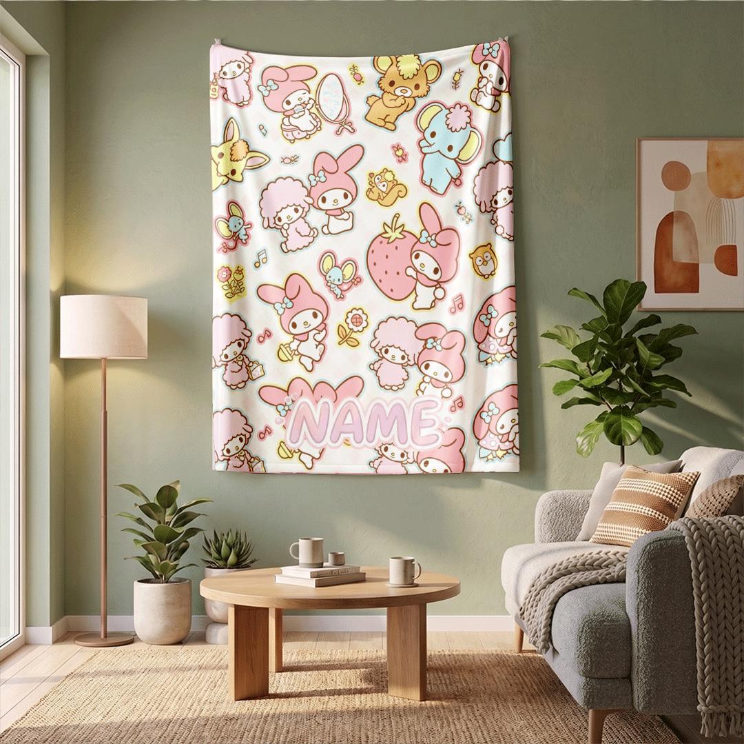 Cute My Melody Blanket Personalized Name Throw Kawaii Room Decor Soft Pastel Fleece Bedding Gift for Daughter Kids Bedroom Aesthetic