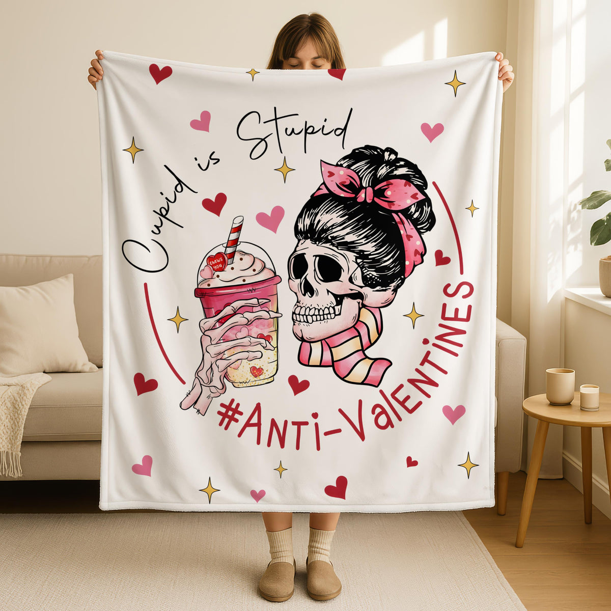 Anti Valentine Blanket, Cupid is Stupid Blanket, Anti Valentines Day Gift, Skeleton Woman Blanket, Single Life Gift, Funny Single Woman Gift