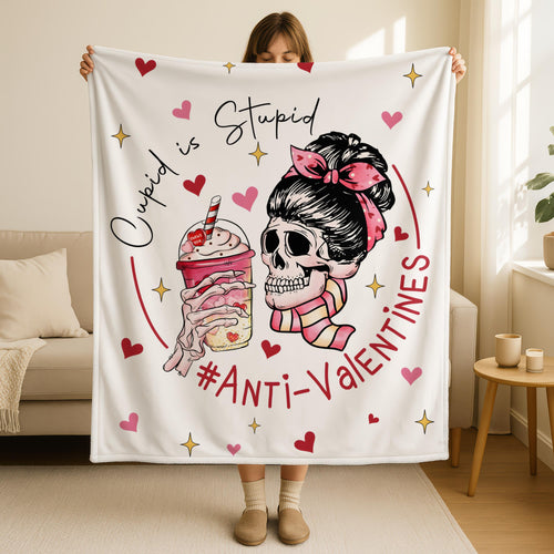Anti Valentine Blanket, Cupid is Stupid Blanket, Anti Valentines Day Gift, Skeleton Woman Blanket, Single Life Gift, Funny Single Woman Gift