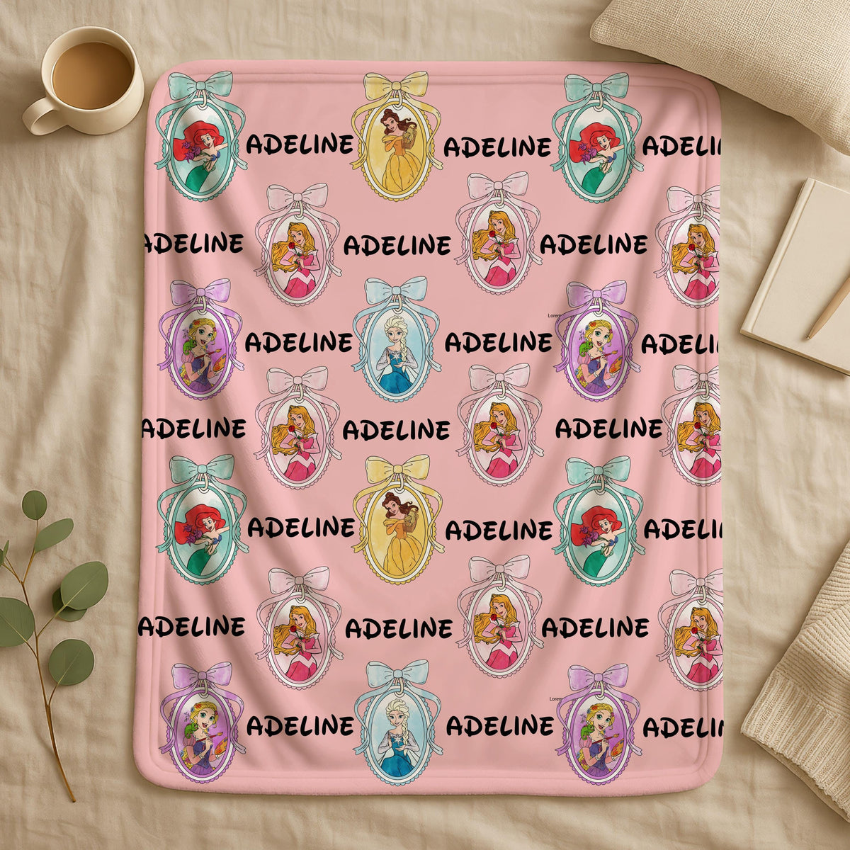 Personalized Disney Princess Blanket, Disneyland Princess Coquette Bow Blanket, Custom Name Baby Girl Blanket, Birthday Girl Blanket Gifts