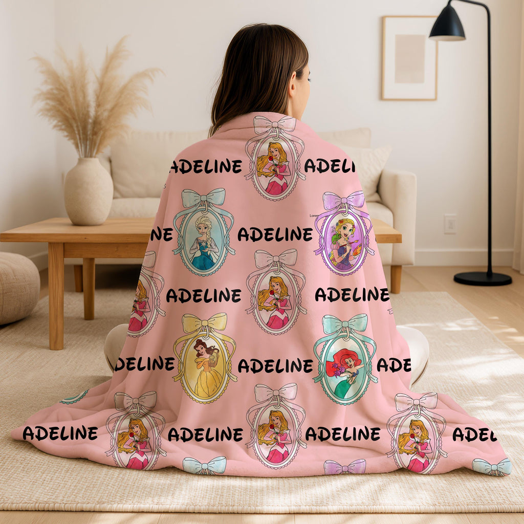 Personalized Disney Princess Blanket, Disneyland Princess Coquette Bow Blanket, Custom Name Baby Girl Blanket, Birthday Girl Blanket Gifts
