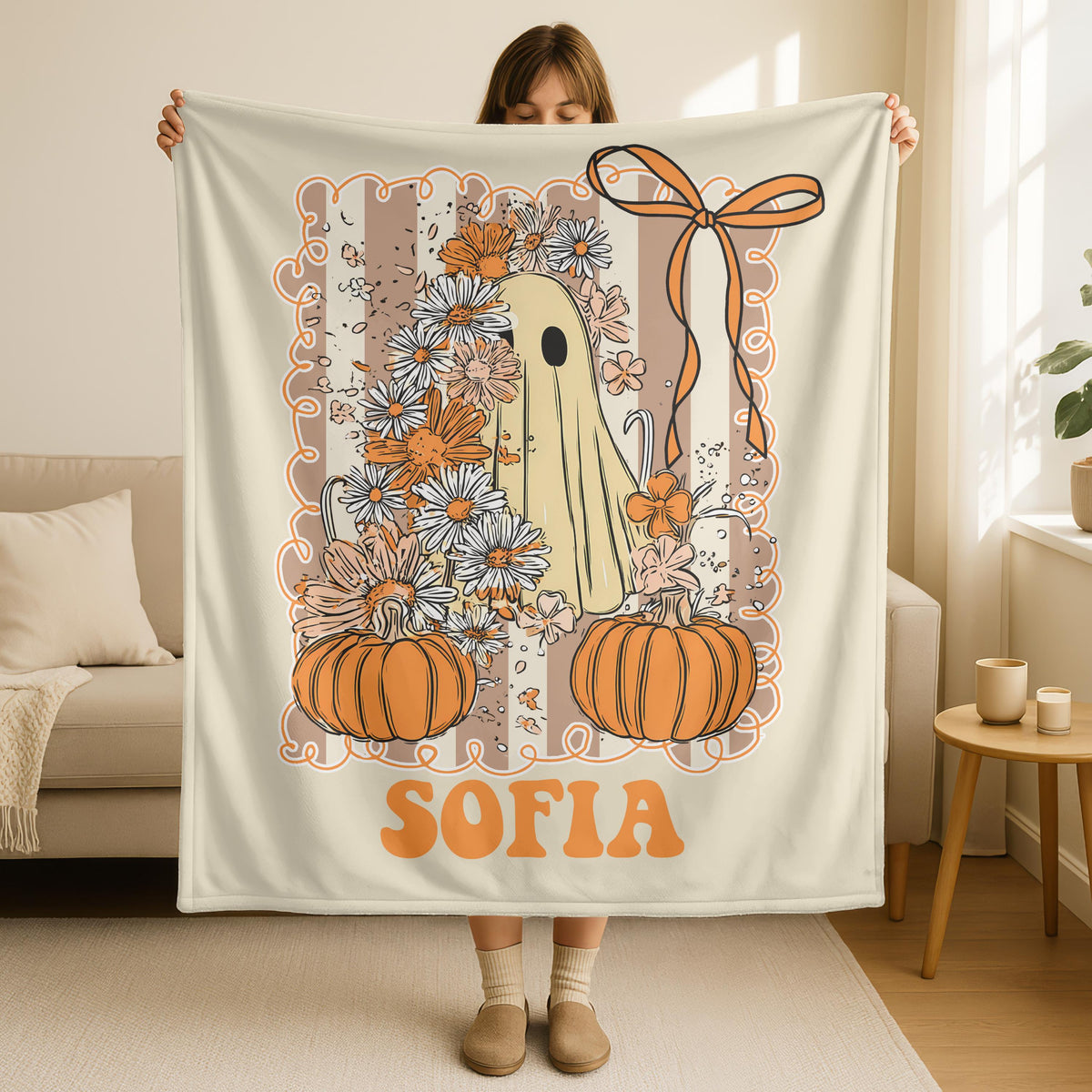 Personalized Halloween Ghost Blanket, Fall Pumpkin Decor