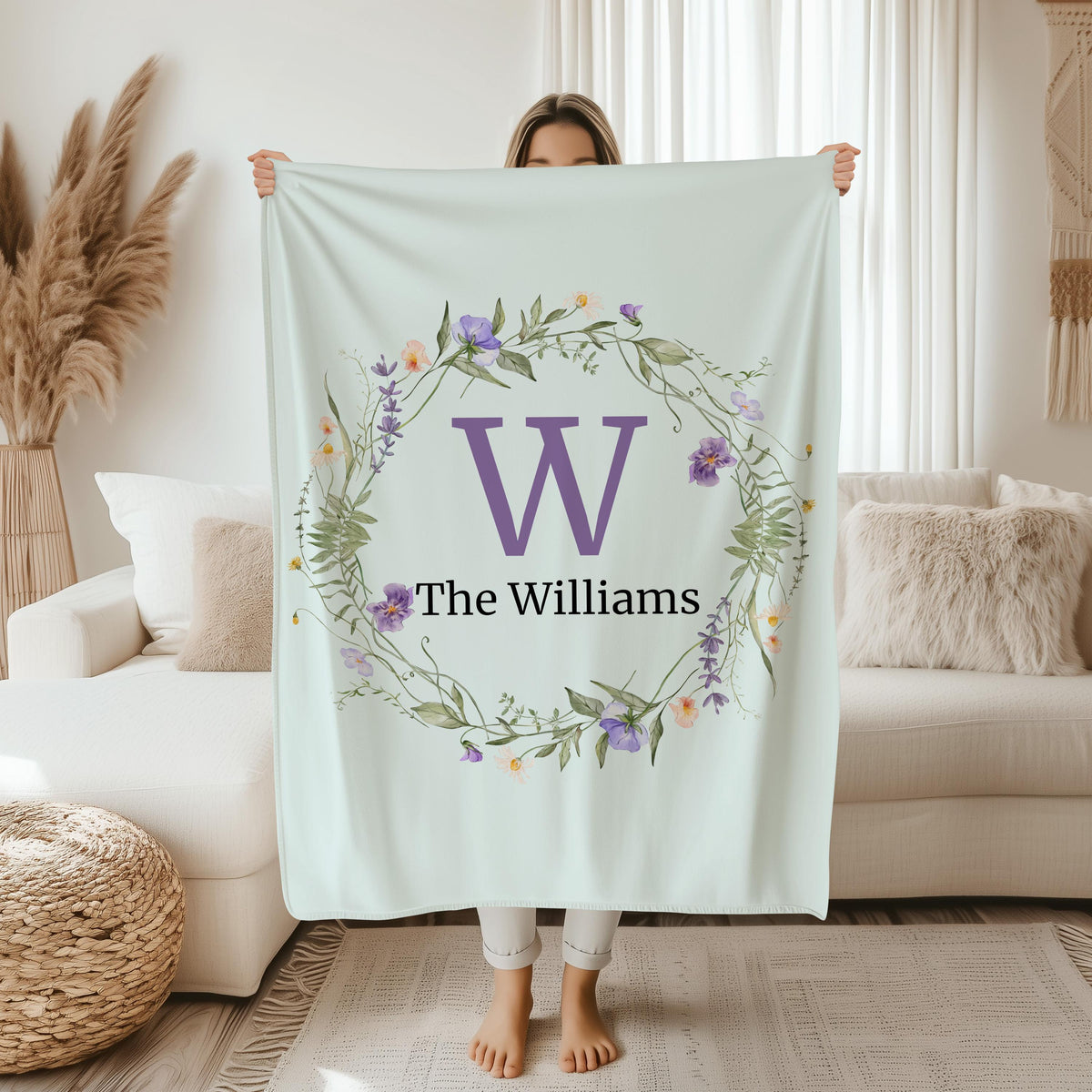 Custom Family Name Blanket, Floral Initial Minky, Fleece, Sherpa