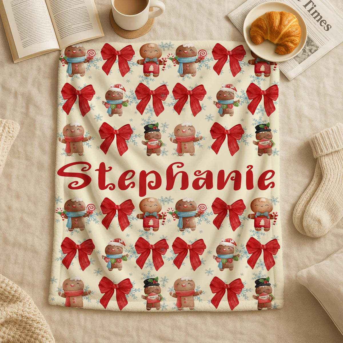 Personalized Christmas Blanket, Holiday Gingerbread Sherpa Throw